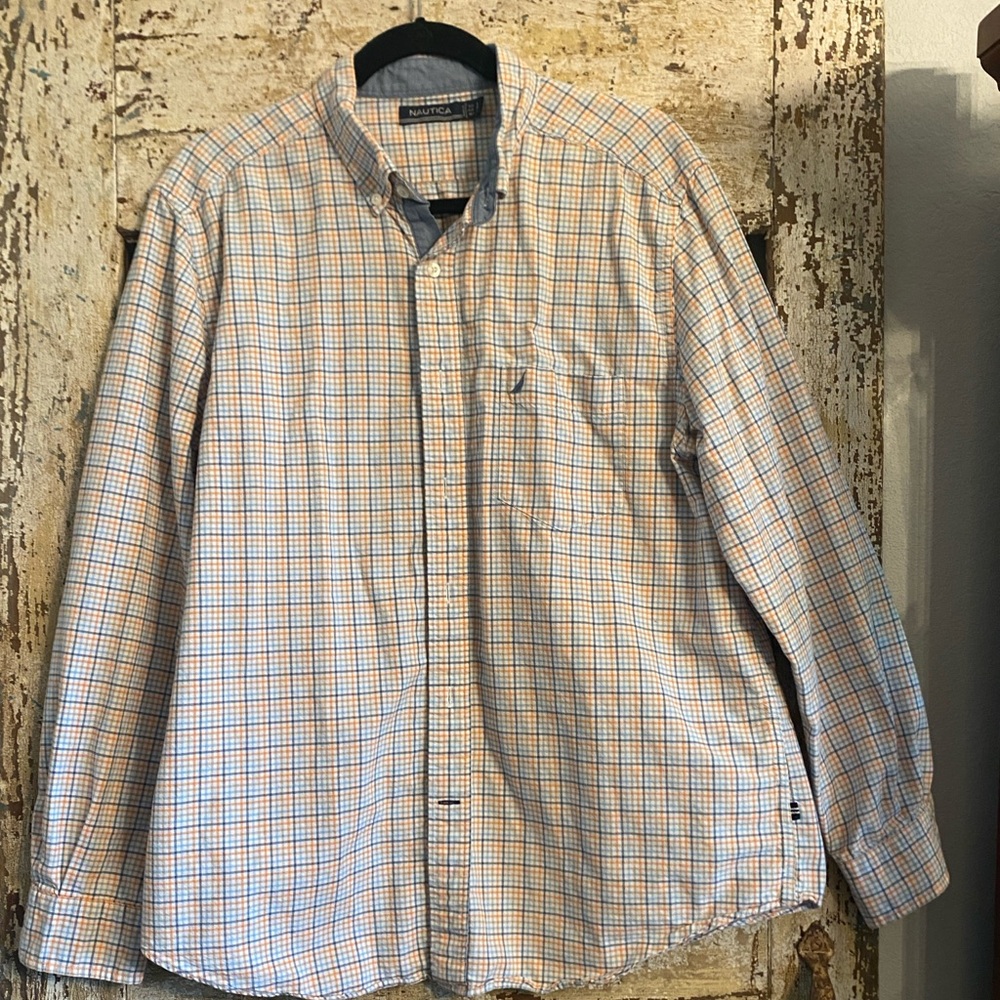 Nautica Men's Blue and Orange Plaid Button-Down Shirt, 100% Cotton, Size L